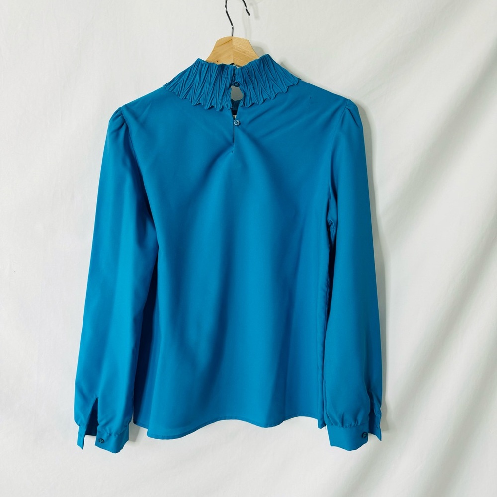 Vintage 70s Rhoda Lee Statement Collar Turquoise Blouse - Picture 6 of 11